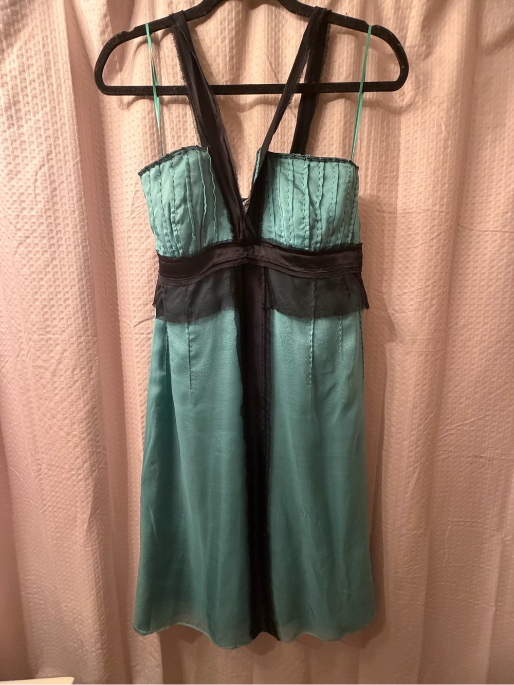 Teal Satin Cocktail Dress with Black Trim